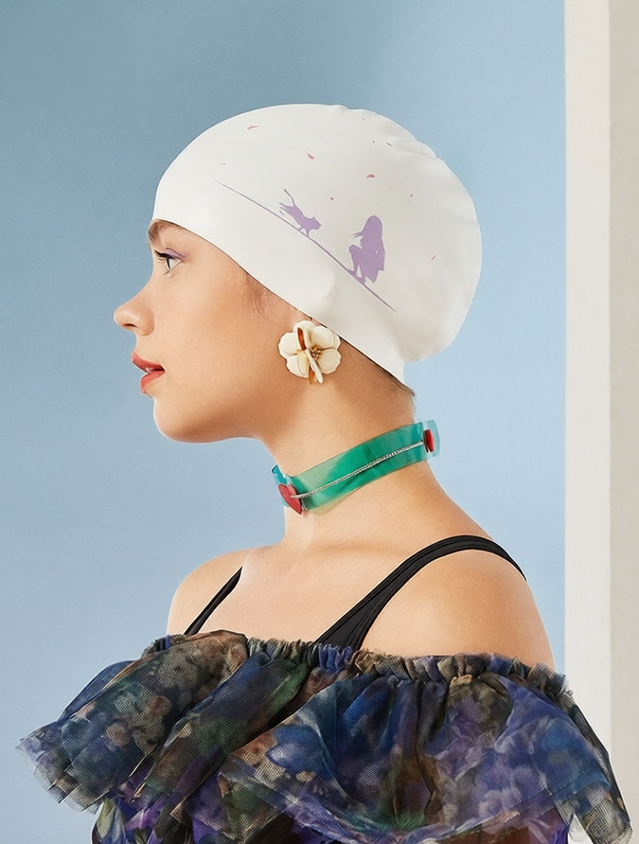 Silicone Swim Cap with Floral Ear Decor and Adjustable Strap