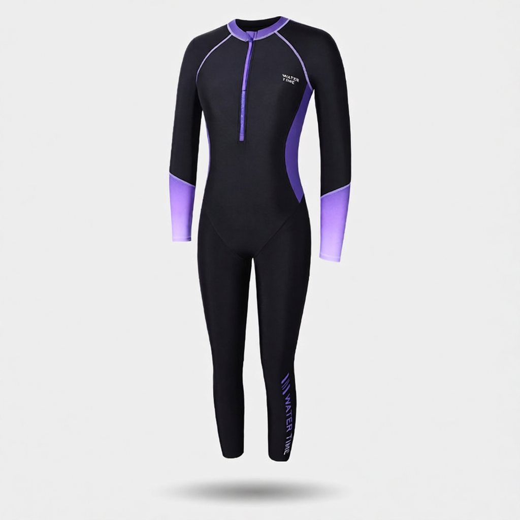 Stretchy Spandex Full-Sleeve Long John Wetsuit for Women with Purple Accents and Front Zipper