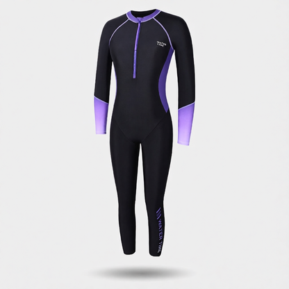 Stretchy Spandex Full-Sleeve Long John Wetsuit for Women with Purple Accents and Front Zipper
