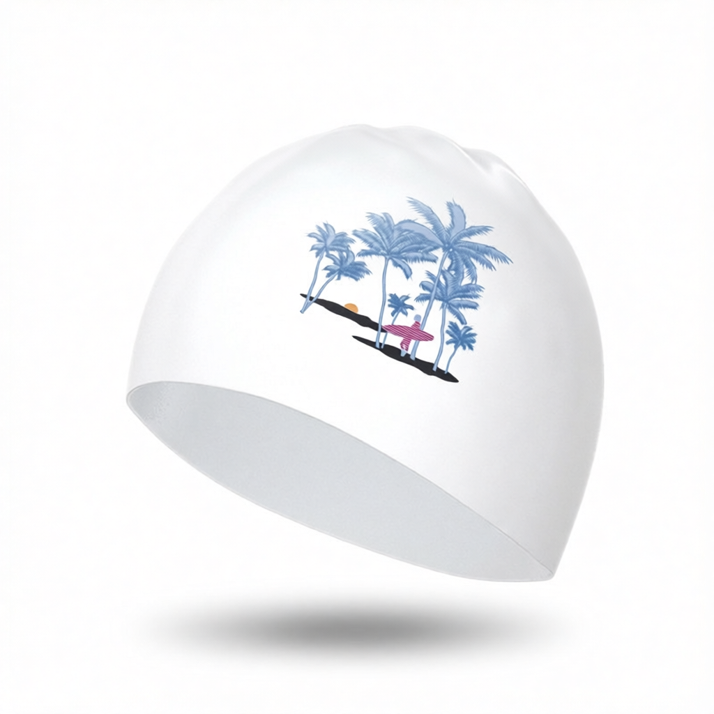 Cotton Blend Printed Swim Cap with Tropical Palm Design for Women