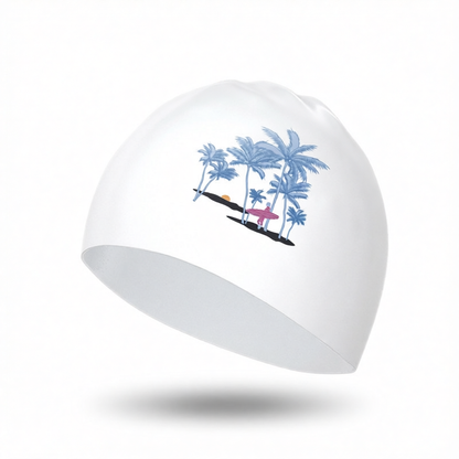 Cotton Blend Printed Swim Cap with Tropical Palm Design for Women