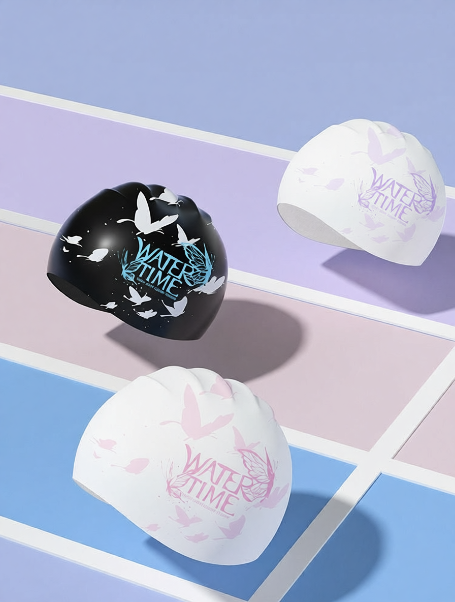 Silicone Swim Cap with Butterfly Print - Water Time Design for Women and Girls