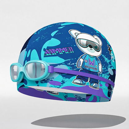 Cotton Swim Cap for Kids with Cartoon Print - Comfortable, Waterproof Swim Hat for Pool and Beach Activities
