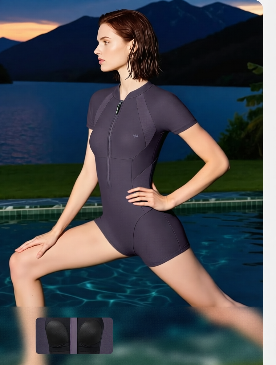 High-Performance Stretch Swim Suit with Zipper Front and Short Sleeve Design for Women