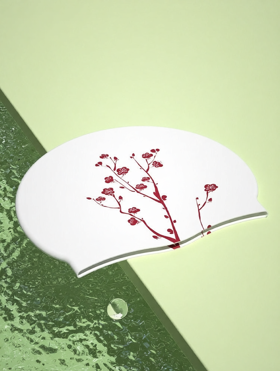 Cotton Blend Floral Swim Cap with Elegant Plum Blossom Design for Women