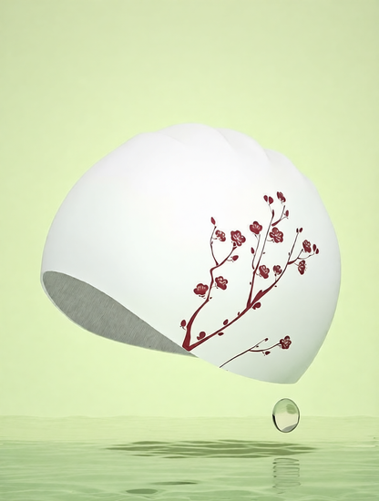 Cotton Blend Floral Swim Cap with Elegant Plum Blossom Design for Women