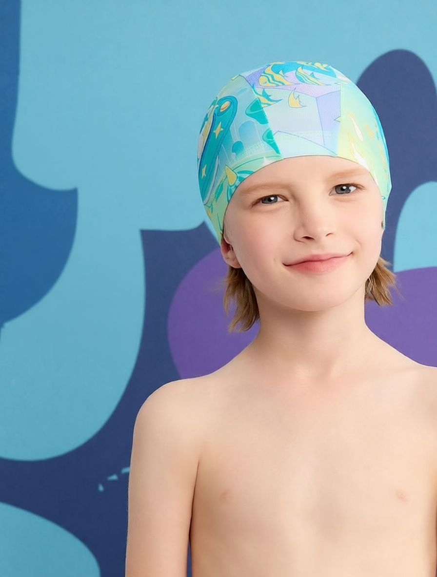 Cotton Swim Cap for Kids with Cartoon Print - Comfortable, Waterproof Swim Hat for Pool and Beach Activities