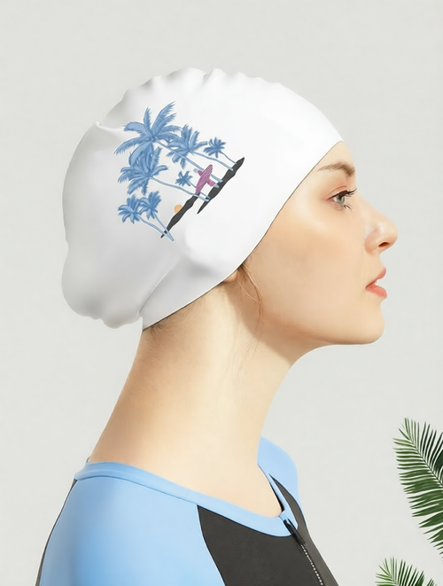 Cotton Blend Printed Swim Cap with Tropical Palm Design for Women