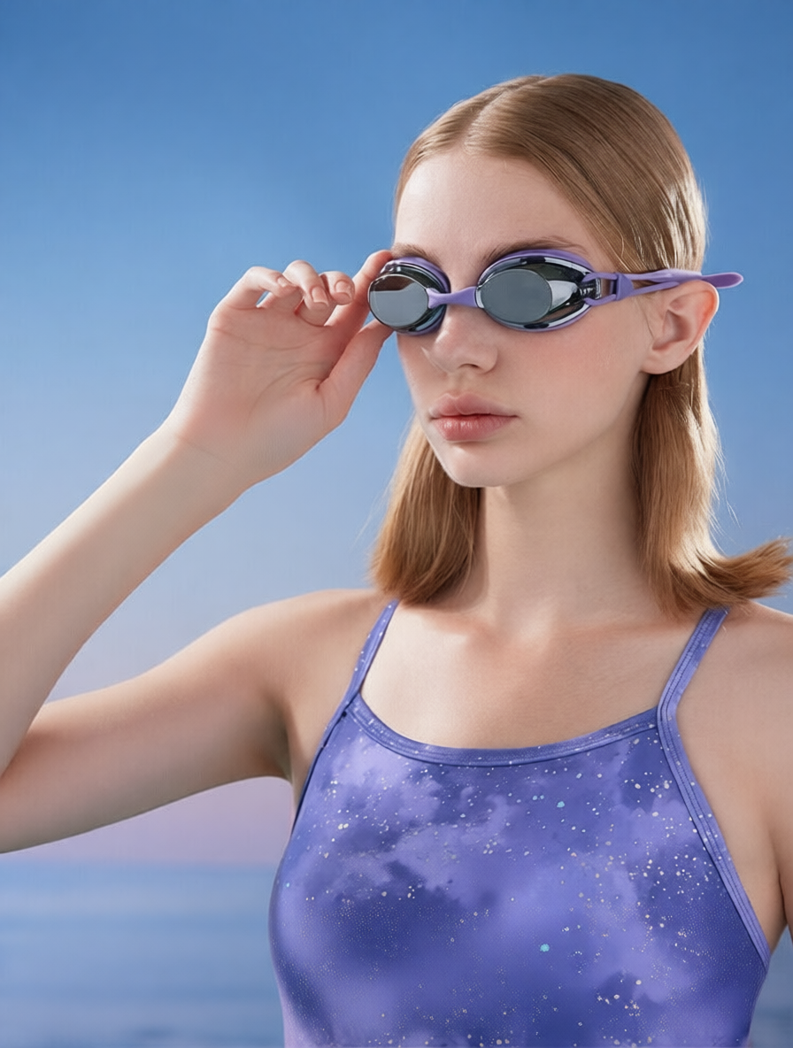 Purple Galaxy Print Spandex Swim Top with UV Protection and Comfort Fit