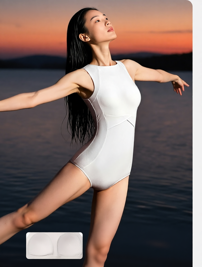 High-Performance Stretch Fabric Sleeveless One-Piece Swimwear with Modern Cut-Out Design for Women