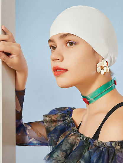 Silicone Swim Cap with Floral Ear Decor and Adjustable Strap