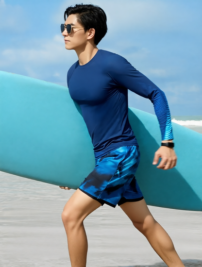 Quick-Dry Polyester Men's Long Sleeve Rash Guard Swim Shirt with UV Protection and Blue Gradient Design