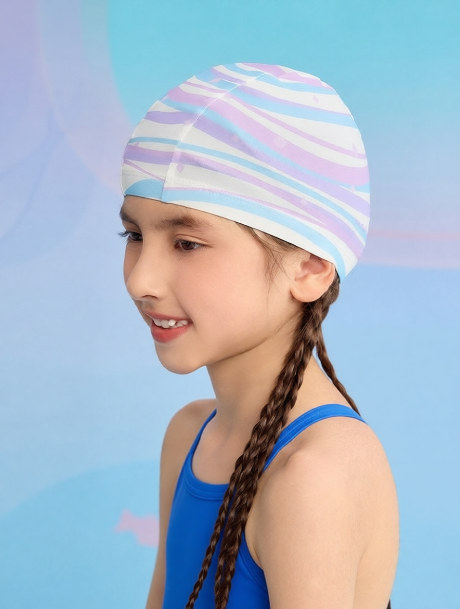 Cotton Swim Cap with Colorful Stripe Pattern - Breathable, UV Protection, Quick-Dry Swim Hat for Women and Girls