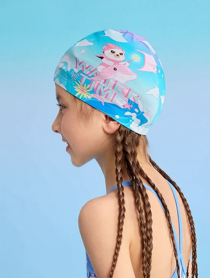 Cotton Swim Cap for Kids with Cartoon Print - Comfortable, Waterproof Swim Hat for Pool and Beach Activities
