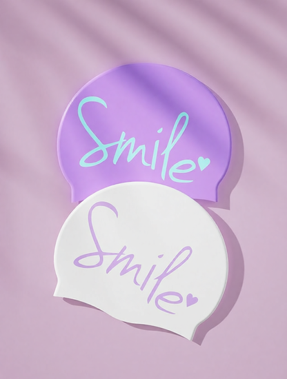 Silicone Swim Cap with 'Smile' Print - Comfortable, Anti-Slip, Waterproof Swimming Hat for Women