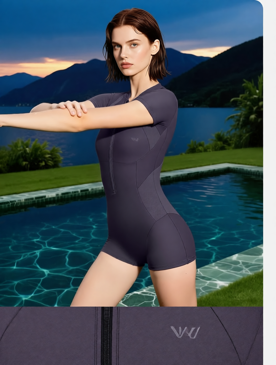 High-Performance Stretch Swim Suit with Zipper Front and Short Sleeve Design for Women