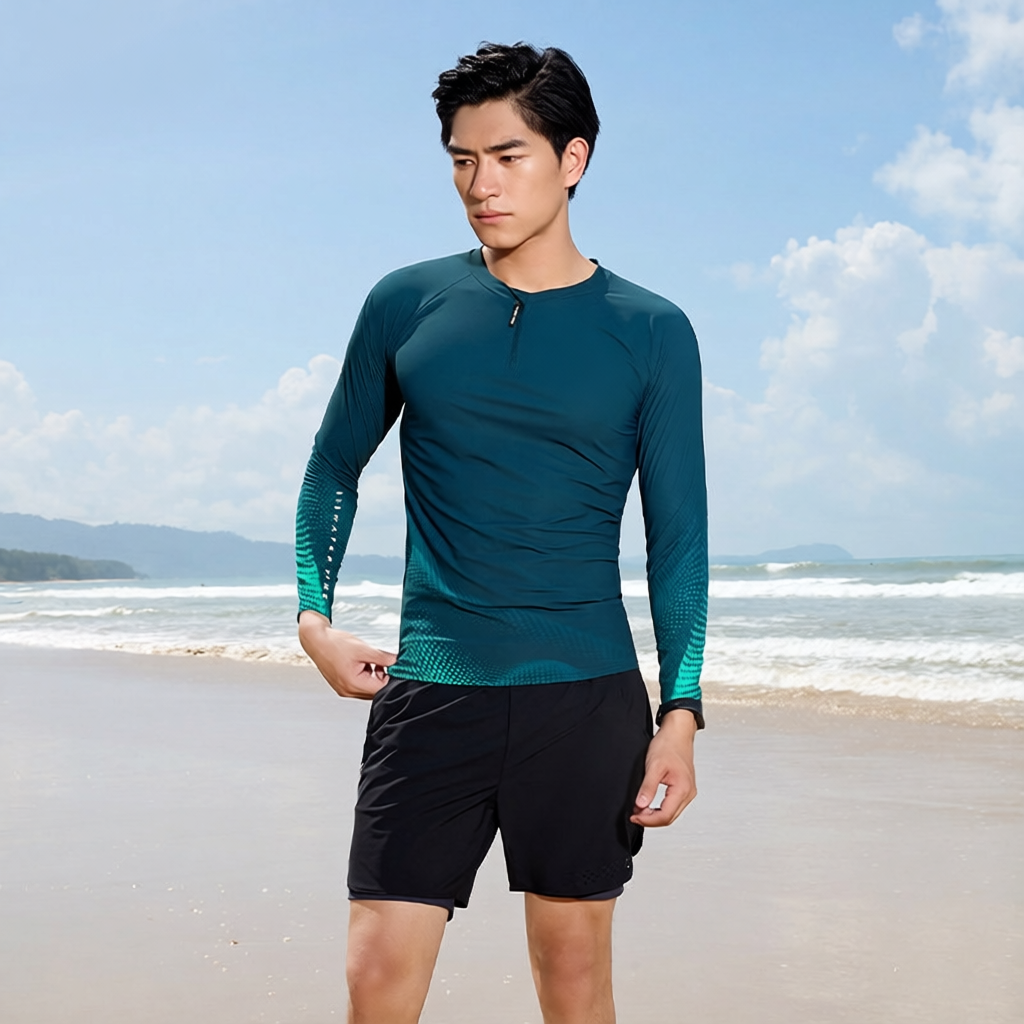 Quick-Dry Polyester Men's Long Sleeve Rash Guard Swim Shirt with UV Protection and Blue Gradient Design
