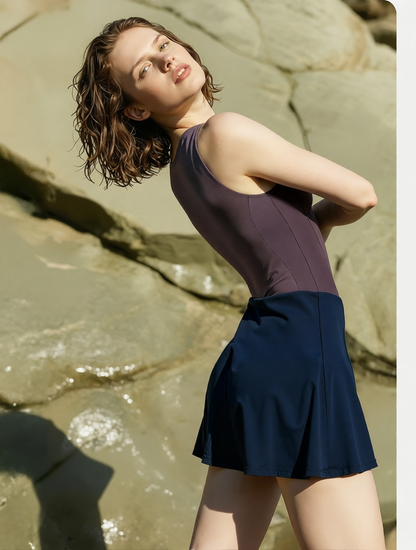 Stretchy Polyester Blend Women's Yoga Tank Top with Flared Skirt Sleeveless Workout Dress for Gym and Outdoor Activities
