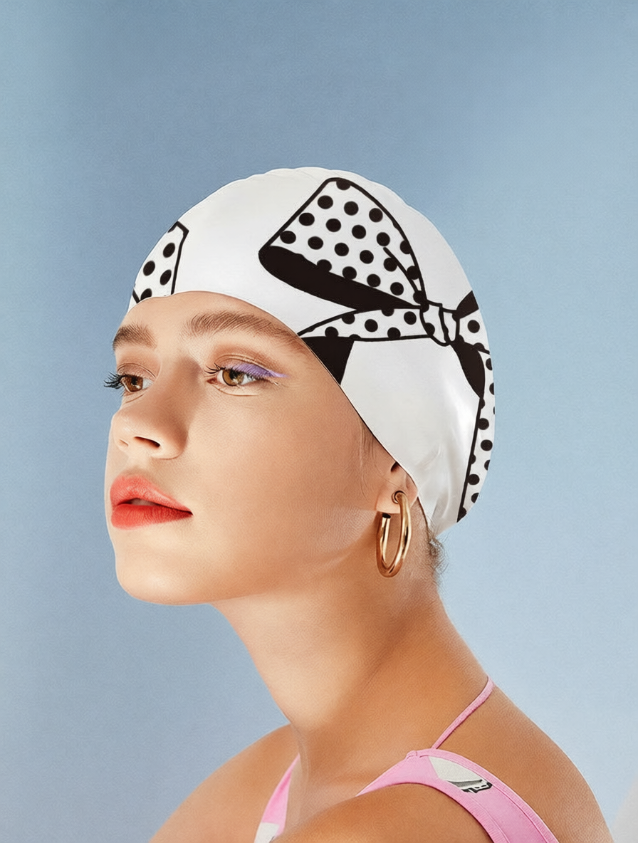 Silicone Swim Cap with Polka Dot Bow Design - Waterproof and Comfortable for Women