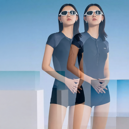 High-Performance Neoprene One-Piece Swim Suit with Zipper Front and Short Sleeve Design for Women