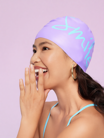 Silicone Swim Cap with 'Smile' Print - Comfortable, Anti-Slip, Waterproof Swimming Hat for Women
