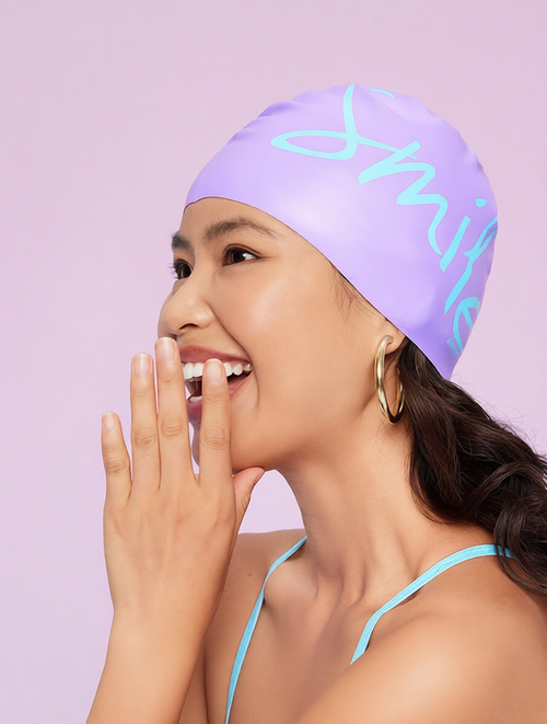 Silicone Swim Cap with 'Smile' Print - Comfortable, Anti-Slip, Waterproof Swimming Hat for Women