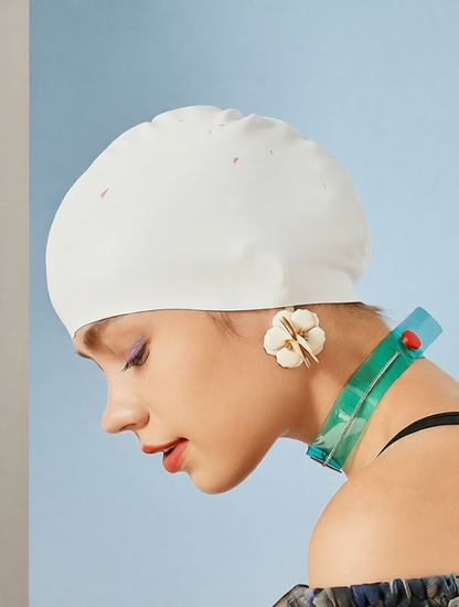 Silicone Swim Cap with Floral Ear Decor and Adjustable Strap