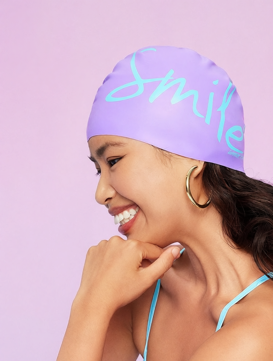 Silicone Swim Cap with 'Smile' Print - Comfortable, Anti-Slip, Waterproof Swimming Hat for Women