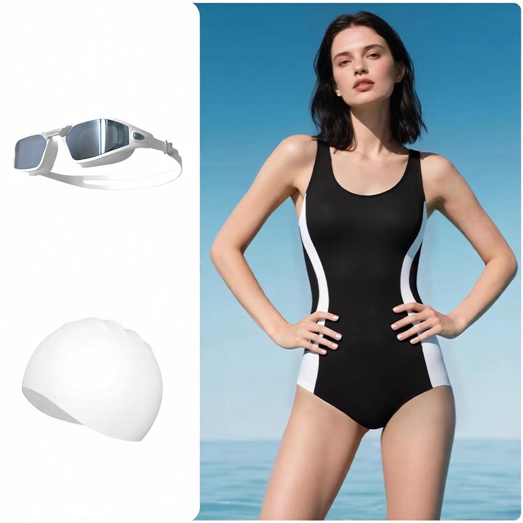 High-Performance Polyester One-Piece Swimsuit with Sleek Color-Blocking Design for Women