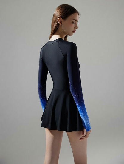 Quick-Dry Polyester Long Sleeve Swim Dress with Star Print Sleeves and Skirt Hem