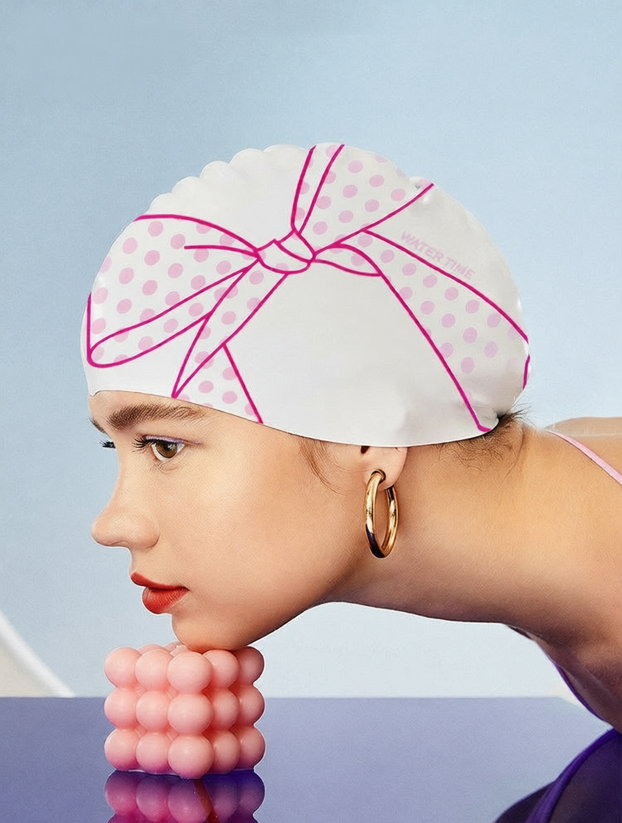 Silicone Swim Cap with Polka Dot Bow Design - Waterproof and Comfortable for Women