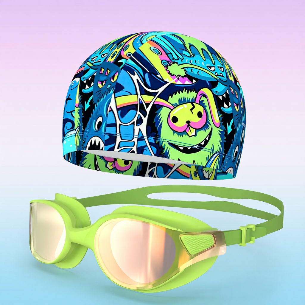Soft Polyester Kids Swim Cap with Adjustable Strap and UV Protection for Swimming Training