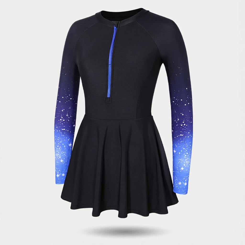 Quick-Dry Polyester Long Sleeve Swim Dress with Star Print Sleeves and Skirt Hem