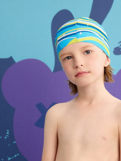 Cotton Swim Cap with Colorful Stripe Pattern - Breathable, UV Protection, Quick-Dry Swim Hat for Women and Girls