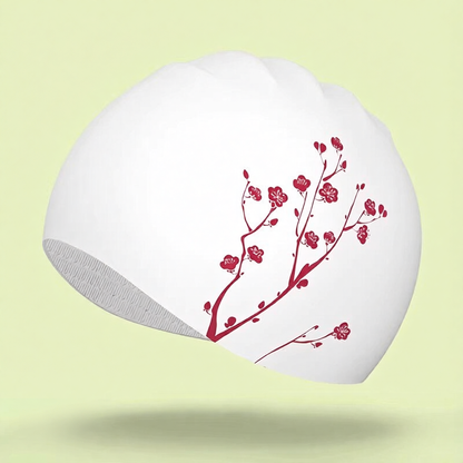 Cotton Blend Floral Swim Cap with Elegant Plum Blossom Design for Women
