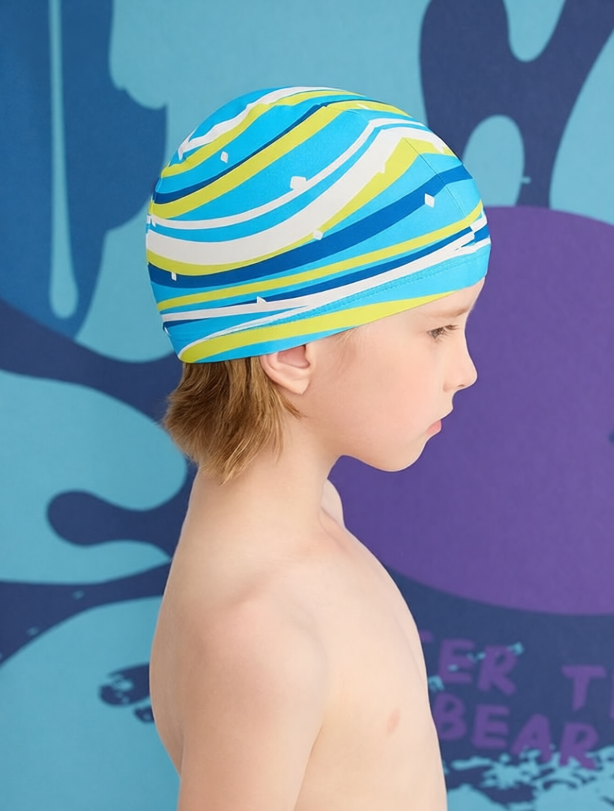 Cotton Swim Cap with Colorful Stripe Pattern - Breathable, UV Protection, Quick-Dry Swim Hat for Women and Girls