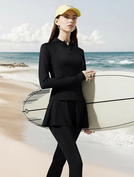 Quick-Dry Spandex Surfing Rash Guard with Flounce Hem Long Sleeve Swim Top for Women