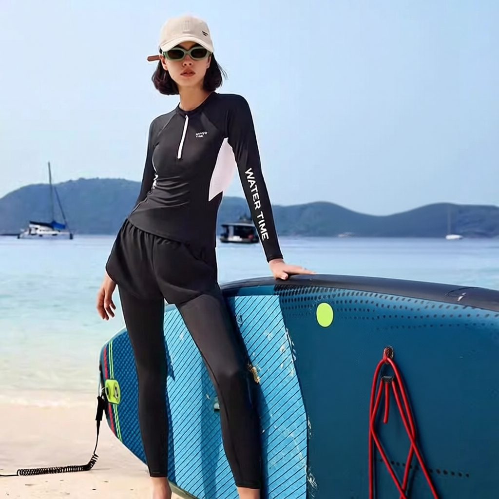Quick-Dry Polyester Long Sleeve Swim Suit with UV Protection and Zipper Front Design