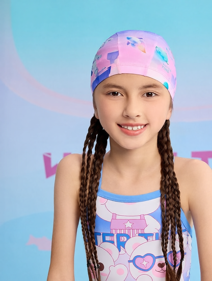 Cotton Swim Cap for Kids with Cartoon Print - Comfortable, Waterproof Swim Hat for Pool and Beach Activities