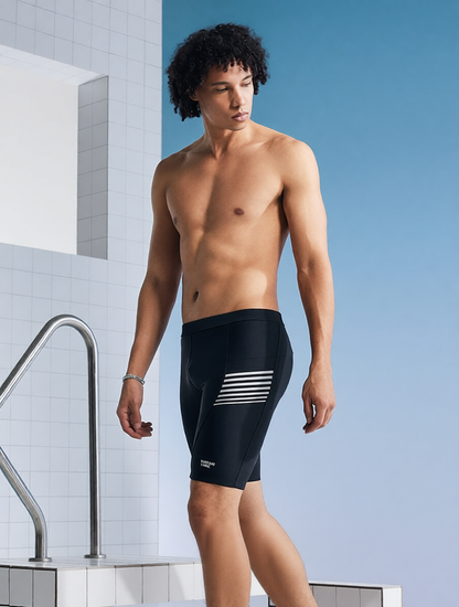 Men's High-Waisted Compression Swim Shorts with Quick-Dry Fabric and Side Stripe Design