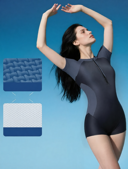 High-Performance Neoprene One-Piece Swim Suit with Zipper Front and Short Sleeve Design for Women