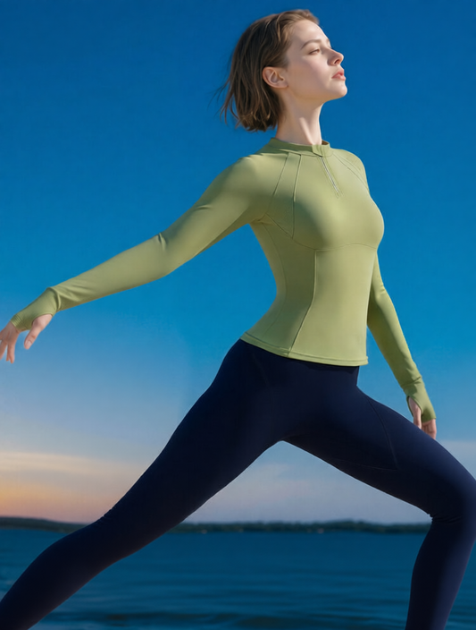 High-Performance Moisture-Wicking Long Sleeve Yoga Top with Zipper Neck in Olive Green