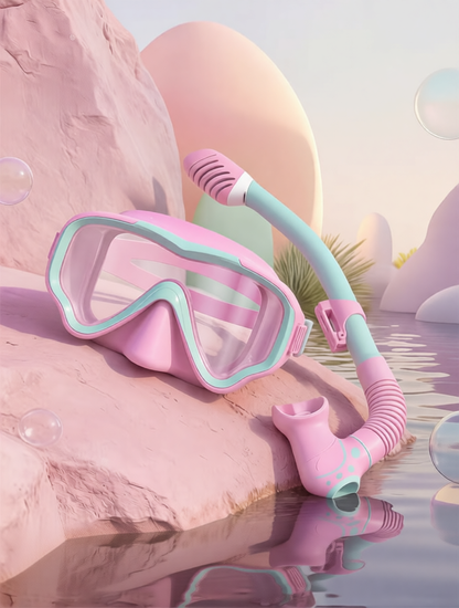 Silicone Swim Mask and Snorkel Set for Kids - Pink and Mint Design with Anti-Fog Lens and Comfort Fit