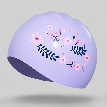 Cotton Blend Swimming Cap with Floral Print and "Swimming" Text Design for Women
