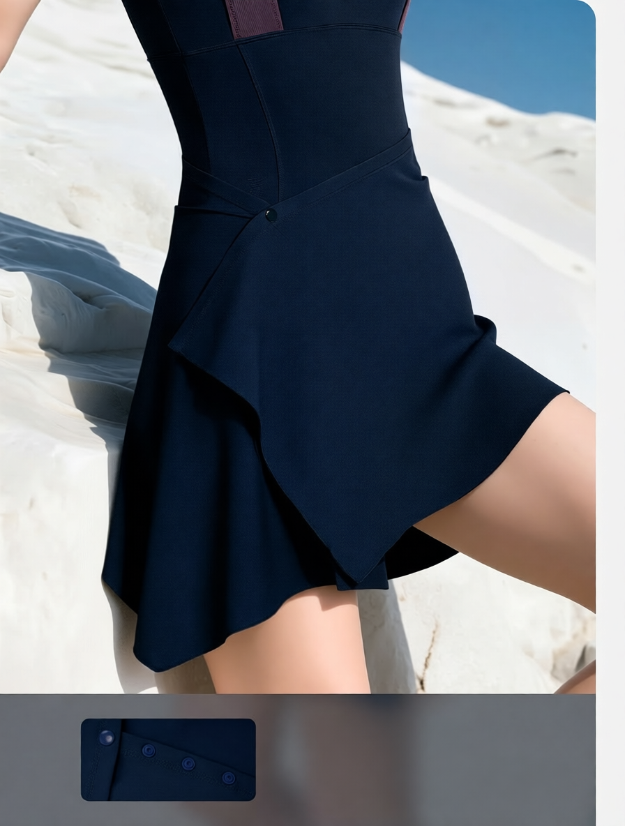 Stretch Polyester One-Piece Swim Dress with Asymmetric Hem and Adjustable Straps