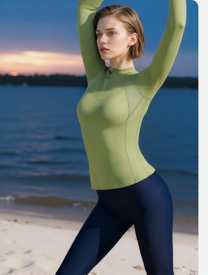 High-Performance Moisture-Wicking Long Sleeve Yoga Top with Zipper Neck in Olive Green