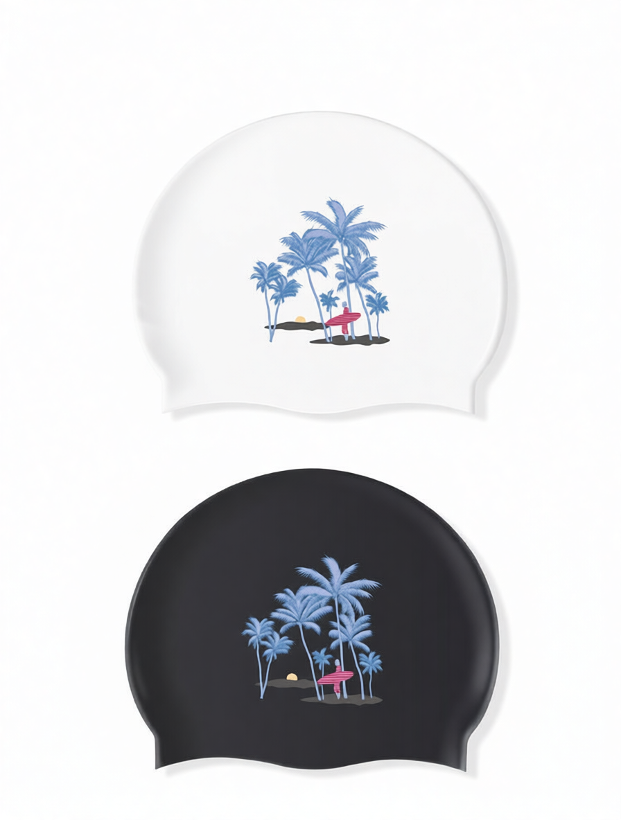 Cotton Blend Printed Swim Cap with Tropical Palm Design for Women