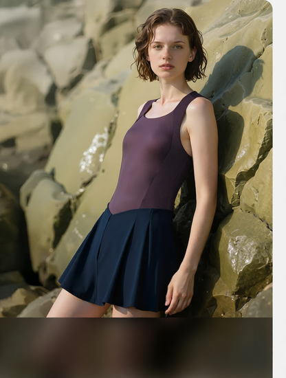 Stretchy Polyester Blend Women's Yoga Tank Top with Flared Skirt Sleeveless Workout Dress for Gym and Outdoor Activities