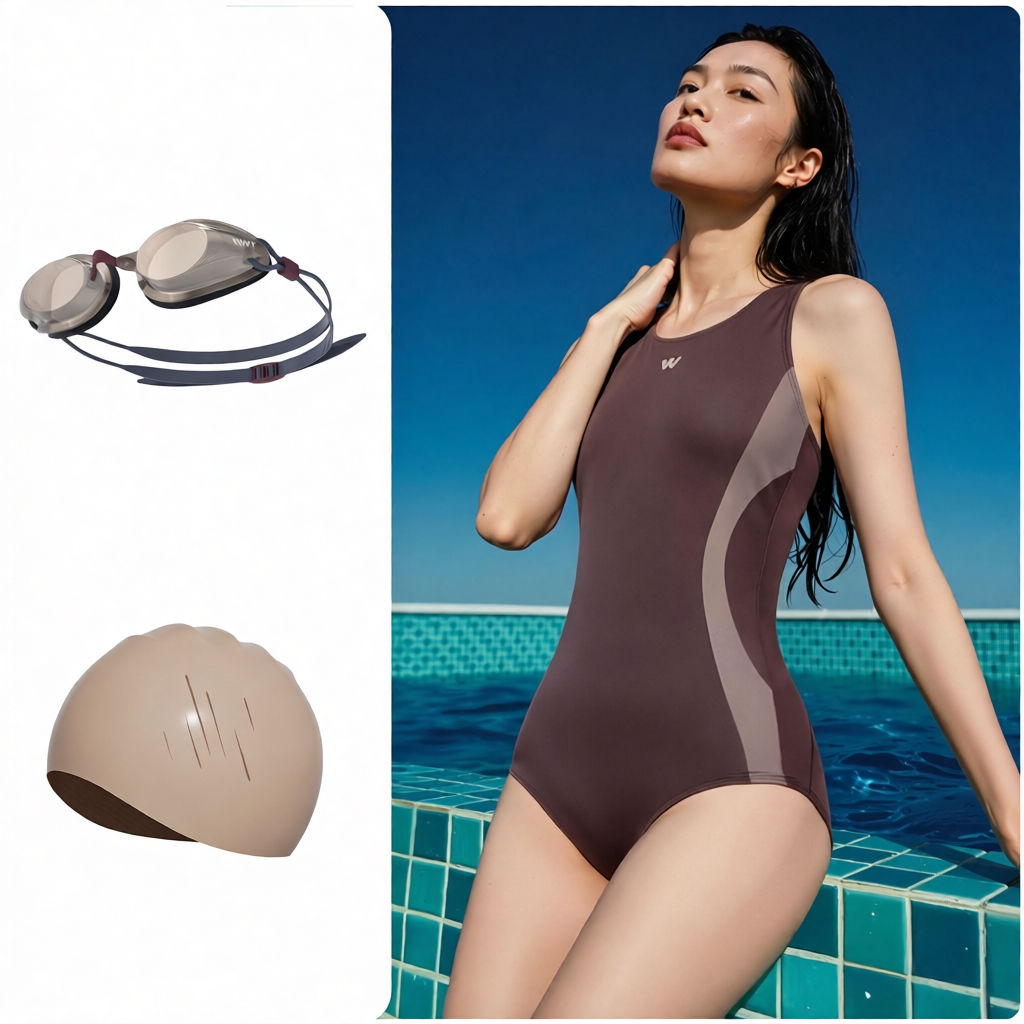 High-Performance Polyester One-Piece Swimsuit with Sleek Color-Blocking Design for Women