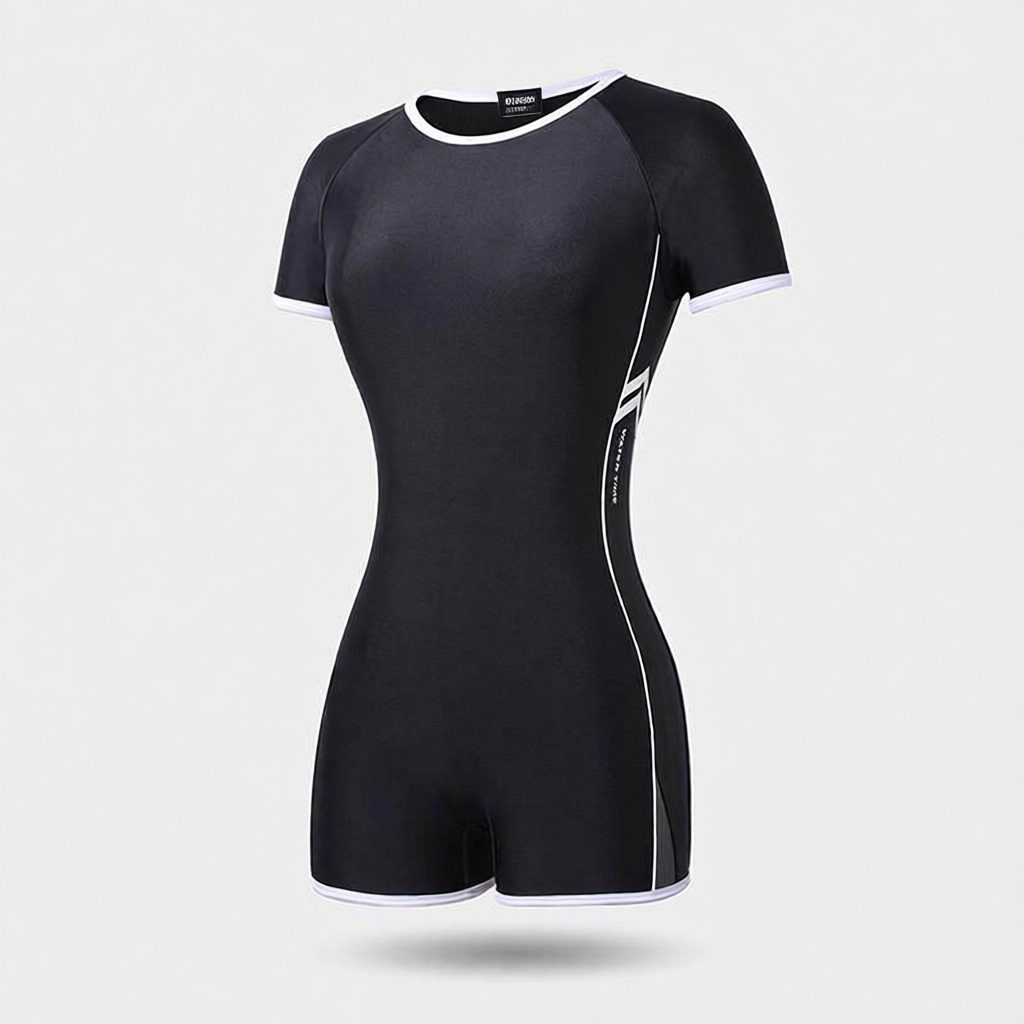 High-Performance Neoprene One-Piece Swim Suit with Zipper Front and Short Sleeve Design for Women